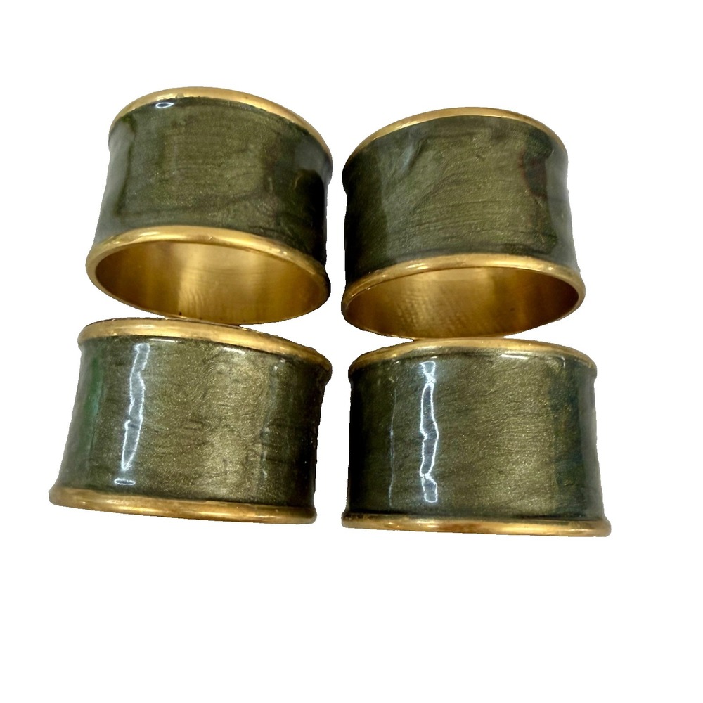 Vintage Brass and Enamel Napkin Rings,‎ Green Inlay, Set of 4
